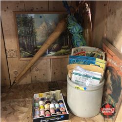 Ladies Sewing Room Combo (Incl: Crock, Singer Ads, Thread, Beauty Magazines, Framed Print, Umbrellas