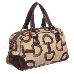 Gucci Brown Canvas Leather Bamboo Horsebit Boston Bag