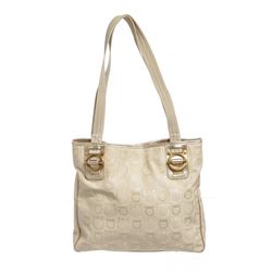 Salvatore Ferragamo Beige Fabric Leather Gancini Print Tote Bag