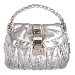 Miu Miu Metallic Silver Leather Matelasse Coffer Satchel Shoulder Bag