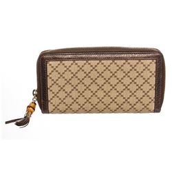 Gucci Brown Beige Canvas Leather Diamante Zippy Wallet