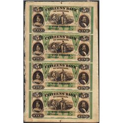 Uncut Sheet of 1800's $5 Citizens Bank of Louisiana Obsolete Notes