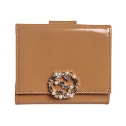 Gucci Beige Patent Leather GG Crystal Embellished Wallet
