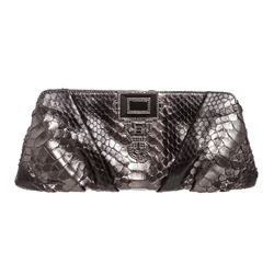 Judith Leiber Metallic Gray Python Pleated Jeweled Art Deco Clutch Bag