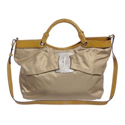 Salvatore Ferragamo Beige Nylon Leather Bow Tote Shoulder Bag