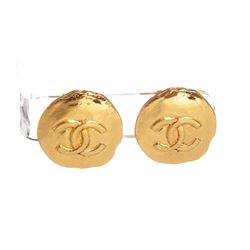 Chanel Gold Hammered CC Disk Clip On Vintage Earrings