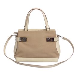 Salvatore Ferragamo Beige Canvas Ivory Leather Shoulder Bag