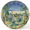 Image 1 : A 19th century Cantagalli plate, painted with a cherub holding bow and riverscaped background in...