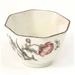 A Chelsea octagonal teabowl, 'raised anchor' mark and period, 1749-52, painted with bluebells, pe...
