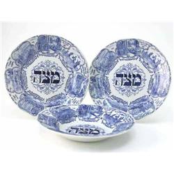 A Ridgways bowl and two plates, printed with Hebrew scenes and script in blue, 10in....