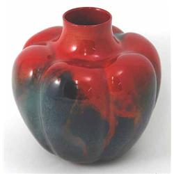 A Royal Doulton "Sung" vase, moulded in the form of a gourd and flambe-glazed with richly variega...