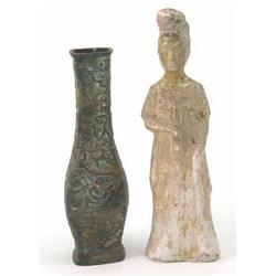 A Tang tomb figure of a Meiren, 9.5in., (head re-attached) and a Chinese bronze vase of bulbous s...