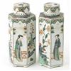 Image 1 : A pair of 'famille verte' lidded vases, hexagonal shape painted with Guanyin figures and foliage,...