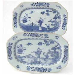 A pair of 18th century Chinese export octagonal dishes, painted with a mother and child in a fenc...