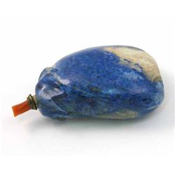 A Chinese lapis lazuli snuff bottle, in the form of a citrus fruit with pink coral stalk stopper,...