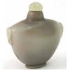 Image 1 : A Chinese grey and caramel agate snuff bottle, vase shaped with carved ring handles, jade stopper...