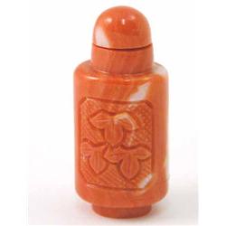 A Chinese coral snuff bottle, carved with three leaves, 1.5ins...