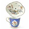 Image 1 : A late 19th century Meissen cup and saucer, of quatreform painted with birds and Kakiemon-style p...