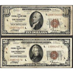 Set of 1929 $10 & $20 Federal Reserve Notes San Francisco