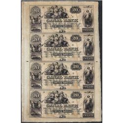 Uncut Sheet of 1800's $20 Canal Bank Obsolete Notes