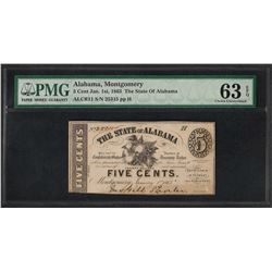 1863 Five Cent State of Alabama Obsolete Note PMG Choice Uncirculated 63EPQ