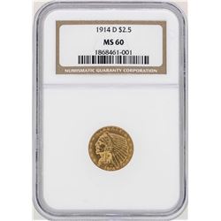 1914-D $2 1/2 Indian Head Quarter Eagle Gold Coin NGC MS60