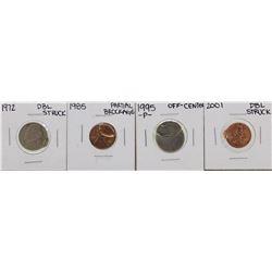 1972 Double Struck Cent & Nickel, 1985 Brockage Penny & 1995-P Off Center Nickel