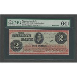 1862 $2 The Bullion Bank Washington Obsolete Note PMG CU64EPQ