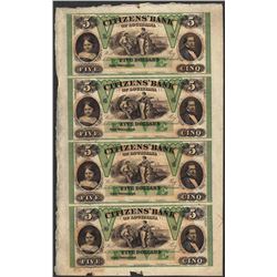 Uncut Sheet of 1800's $5 Citizens Bank of Louisiana Obsolete Notes