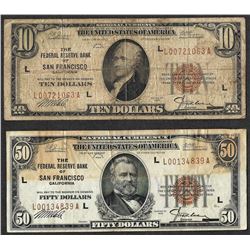 Lot of 1929 $10 & 50 Federal Reserve Bank Notes San Francisco