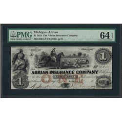 1853 $1 The Adrian Insurance Company Obsolete Note PMG Choice Uncirculated 64EPQ