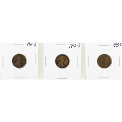 Lot of 1911-S to 1913-S Lincoln Wheat Cent Coins