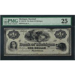 1862-65 $1 The Bank of Michigan Obsolete Note PMG Very Fine 25