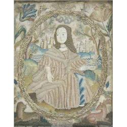 A 17th century stumpwork panel, having central oval cartouche depicting a young woman gathering a...