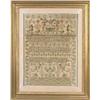 Image 1 : A George III sampler, finely worked with a variety of silk stitches and chenille detail with mora...