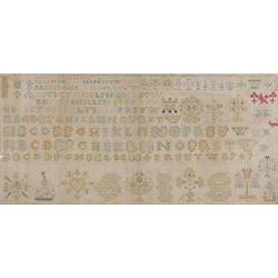 A Queen Anne alphabet motif and pattern sampler, worked in silks displaying various embroidery te...