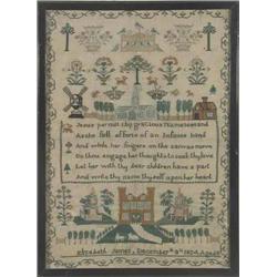 A George IV sampler, finely worked in a variety of silk stitches with a verse, house and memorial...