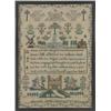 Image 1 : A George IV sampler, finely worked in a variety of silk stitches with a verse, house and memorial...