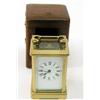 Image 1 : A French carriage timepiece, with enamelled dial, in obis brass case and leather travelling case,...