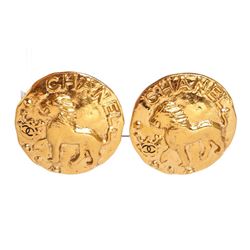 Chanel Gold CC Lion Large Disc Clip On Earrings