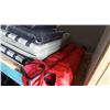 Image 2 : TWO CAMP CHAIRS, THREE NEW WOOL BLANKETS, AND CAMP CUSHIONS WITH PAIR OF PATIO OTTOMANS