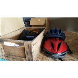 LOT OF HOT AND COLD PACKS, BIKE HELMETS, AND PERSONAL AMPLIFIERS