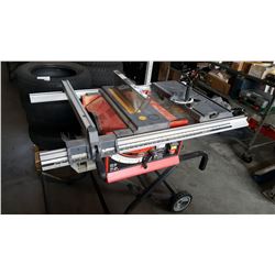 10 INCH TABLE SAW ON FOLD UP ROLLING STAND WITH ACESSORIES