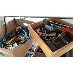 BOX OF HEAVY DUTY EXTENTION CORDS AND CRATE OF CLAMPS