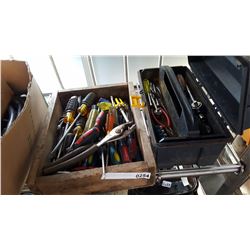 BLACK TOOL BOX WITH CONTENTS AND WOOD CRATE OF SCREWDRIVERS