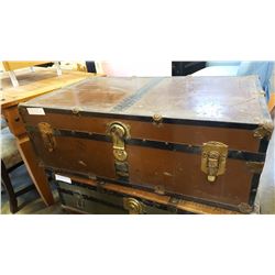 BROWN METAL BOUND TRUNK