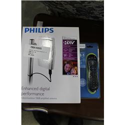 NEW PHILIPS HDTV INDOOR/OUTDOOR 18DB AMPLIFIED ANTENNA WITH 3 IN 1 REMOTE