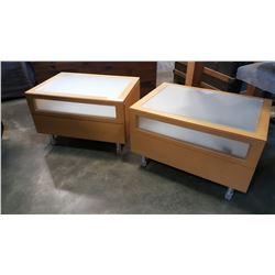 PAIR OF GLASS TOP 1 DRAWER PINE END TABLES