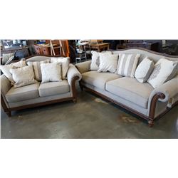 NEW ASHLEY SIGNATURE DESIGN CONTEMPORARY ROLLED ARM WOOD FRAMED SOFA, LOVESEAT AND THROW PILLOWS, RE