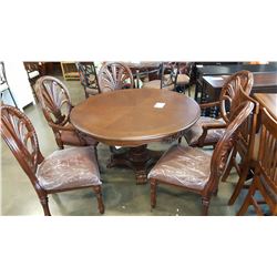NEW ASHLEY SIGNATURE DESIGN MAHOGANY FINISH ROUND CARVED DINING TABLE , 3 CARVED SIDE CHAIRS, AND 2 